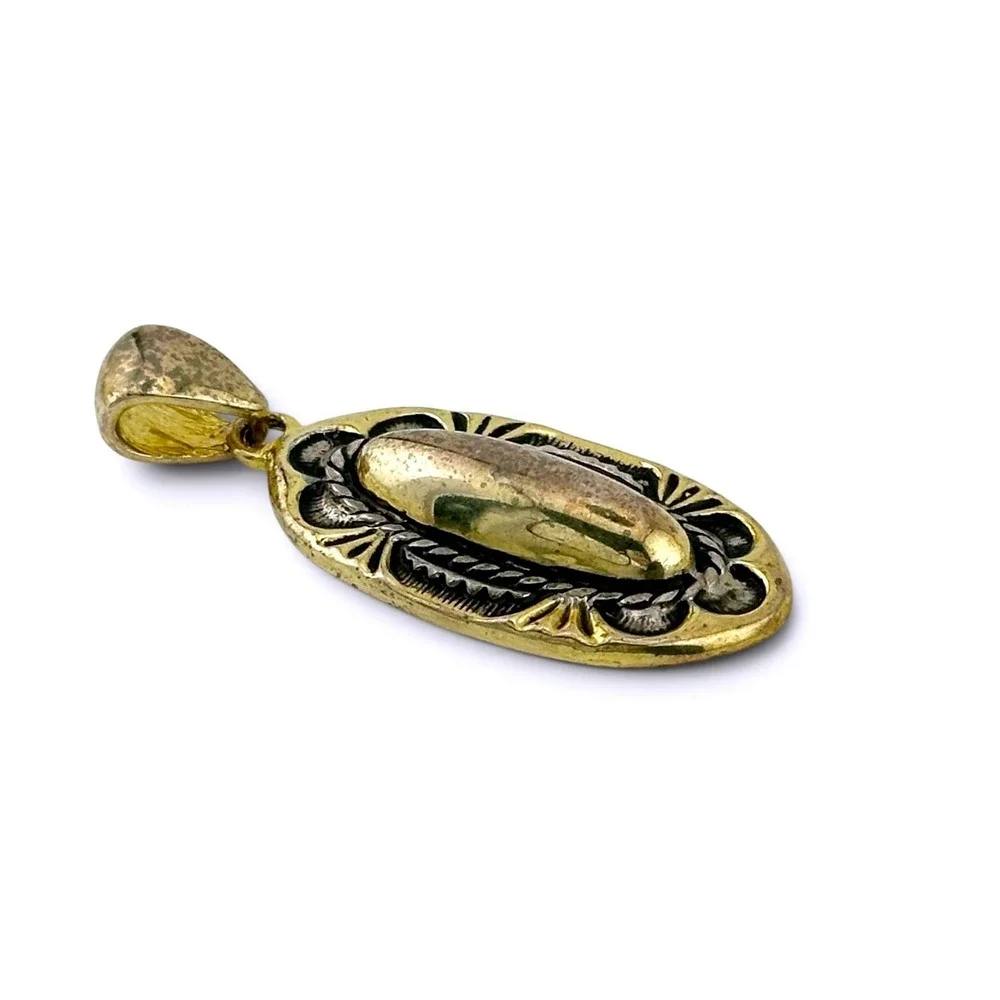 Vintage Southwestern Two Tone Silver Gold Oval Pendant Hand Stamped 2.5